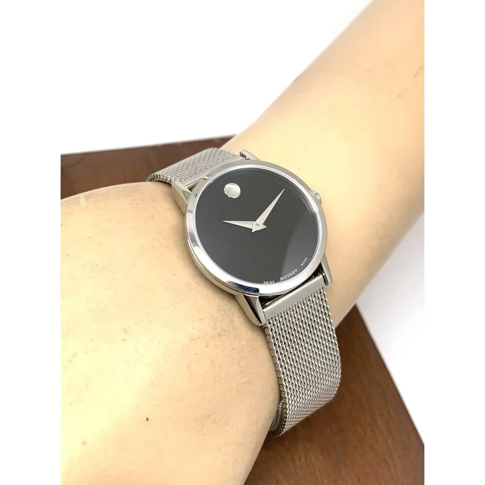Movado Women's Watch 0607220 Black Dial Swiss Quartz 28mm Silver Mesh Band